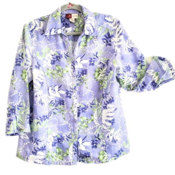 2/$35 Sale JM Colection 100% Linen Jacket-Blouse Lilac Print Size 12 Like New - Picture 1 of 12
